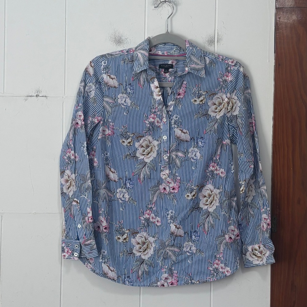 Talbots Petite Small Blue White Striped Floral Cotton Long Sleeve Button Shirt